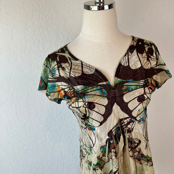 One World Butterfly Tunic Top size Small Boho Fairy Short Sleeve Earthy - Picture 2 of 8